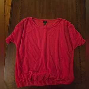 women med short sleeve bold red top , sheer sleeves